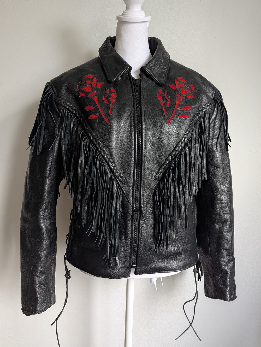 VTG Interstate Leather Red Rose Black Leather Fringe Insulated Biking Jacket